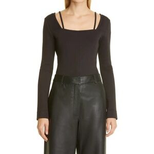 Proenza Schouler White Label Square Neck Long Sleeve Bodysuit Black Knit Size S